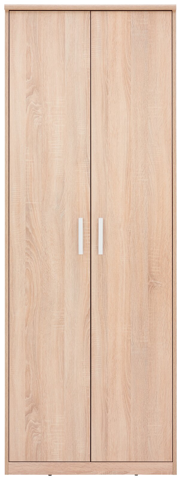 Frontale Ansicht eines XORA Mehrzweckschranks der Serie EASY mit Holzoptik und zwei Türen, 72x194x36 cm.