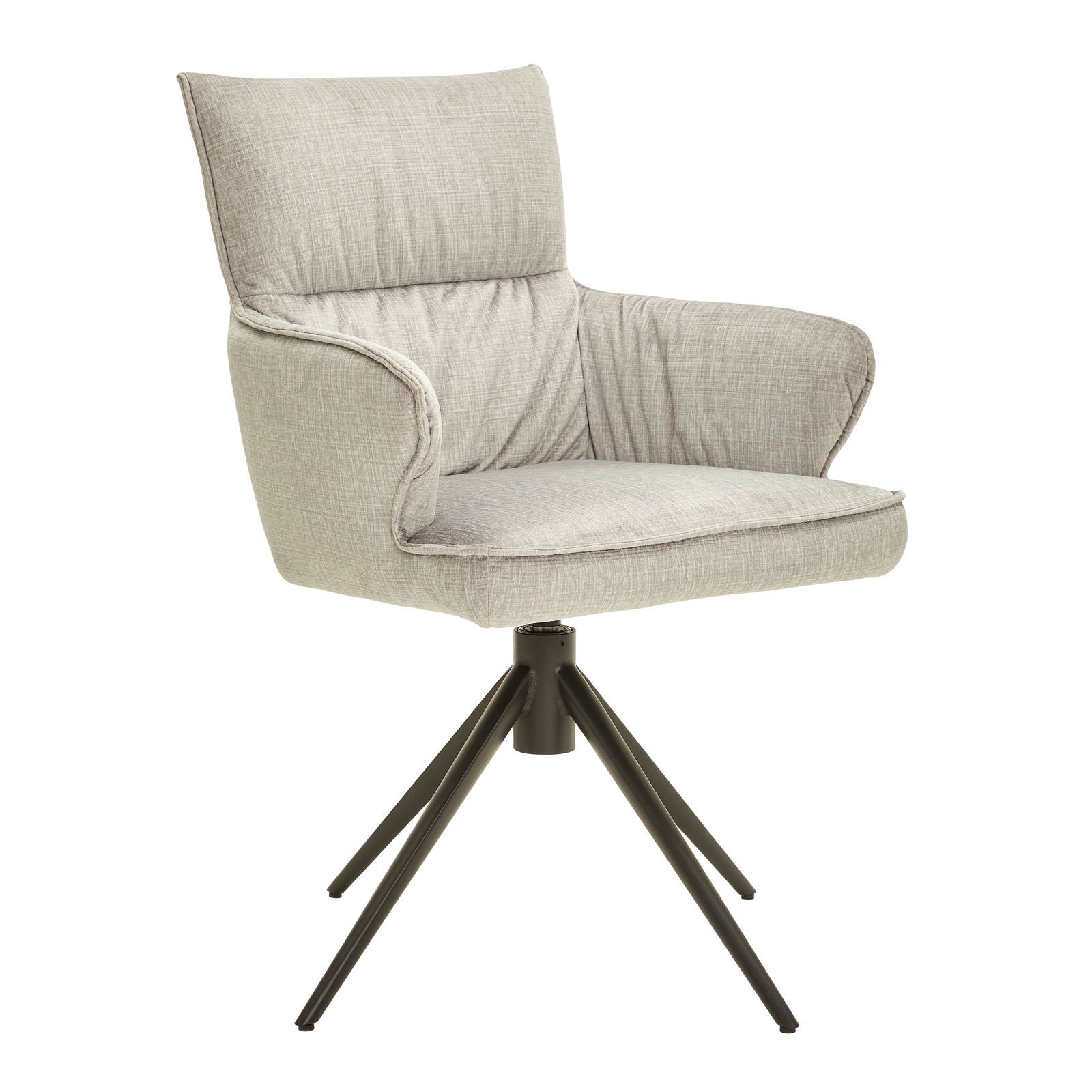 Grauer Armlehnstuhl mit gepolstertem Sitz und Rückenlehne, auf schwarzem Metallgestell, seitliche Perspektive