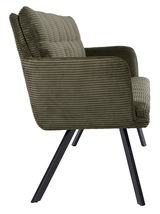 Seitenansicht einer olivgrünen Sitzbank mit geripptem Stoffbezug und schwarzen Metallbeinen.