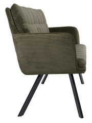 Seitenansicht einer olivgrünen Sitzbank mit geripptem Stoffbezug und schwarzen Metallbeinen.