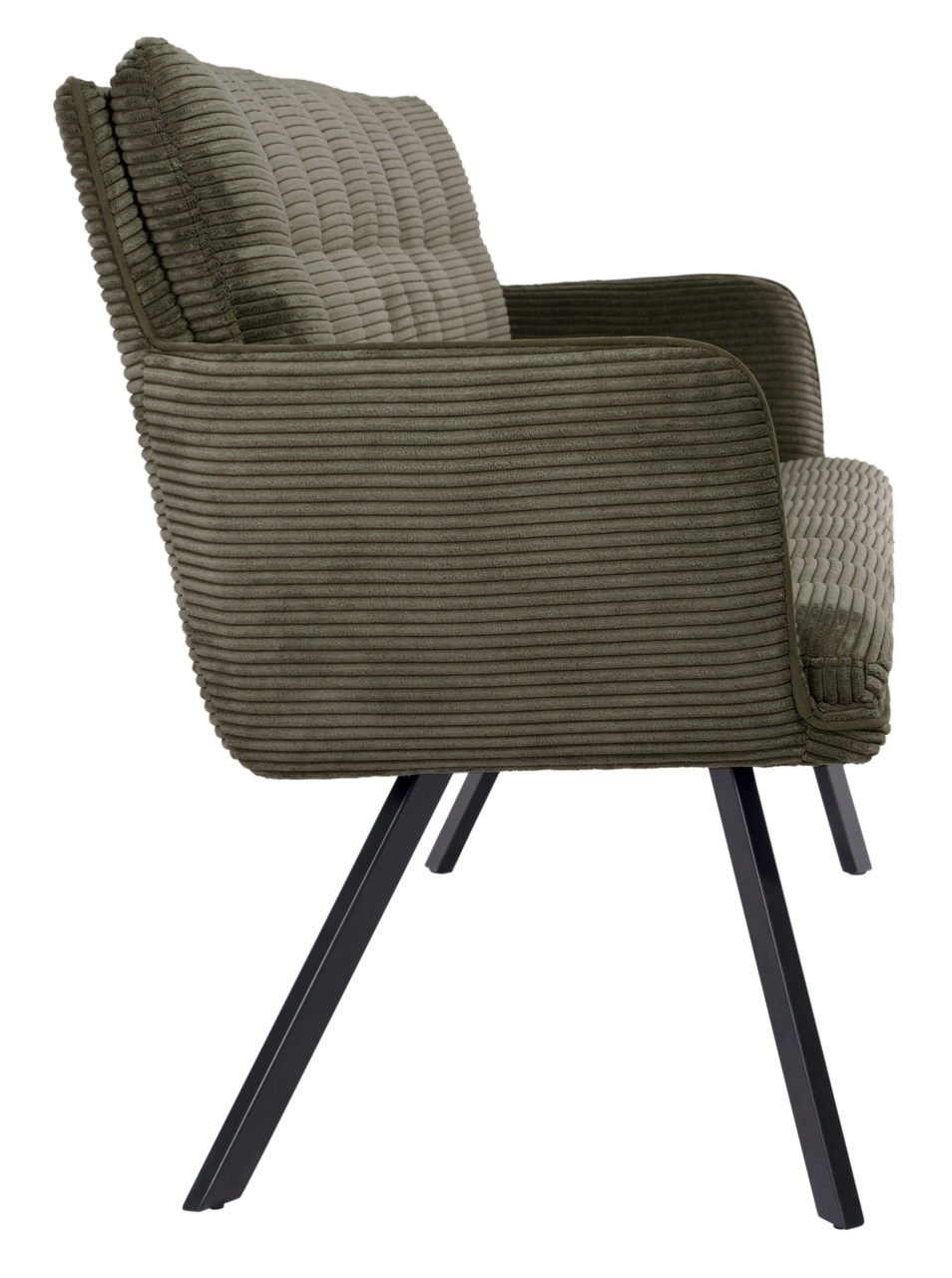 Stylife Sitzbank POLLY Seitenansicht einer olivgrünen Sitzbank mit geripptem Stoffbezug und schwarzen Metallbeinen.