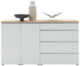 Modernes Sideboard 180 in Weiß mit Holzplatte, dekoriert mit einer Vase, einer Schale und einem offenen Buch, Frontalansicht.