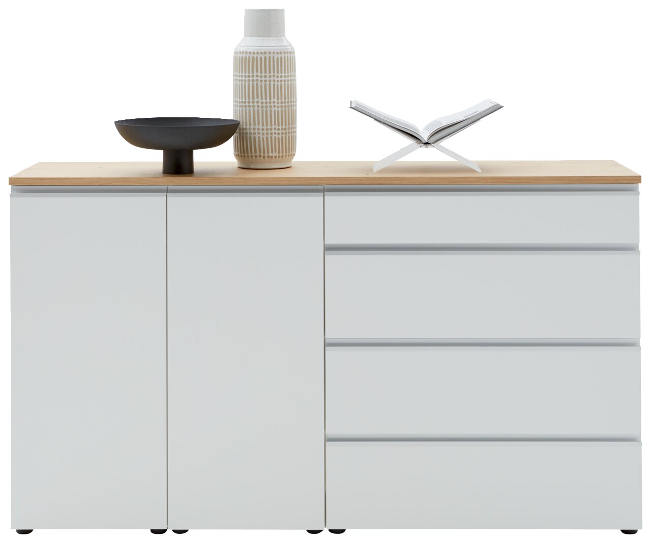 Modernes Sideboard 180 in Weiß mit Holzplatte, dekoriert mit einer Vase, einer Schale und einem offenen Buch, Frontalansicht.