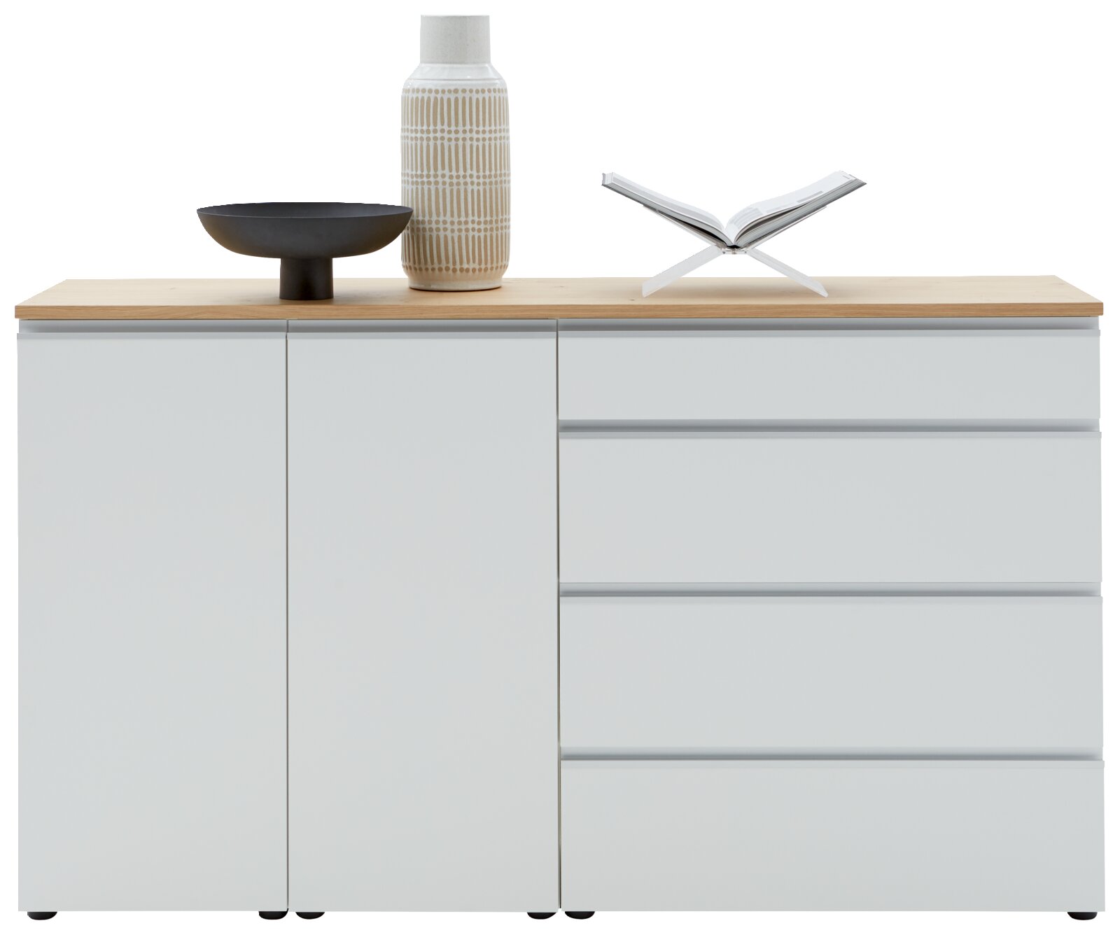 Modernes Sideboard 180 in Weiß mit Holzplatte, dekoriert mit einer Vase, einer Schale und einem offenen Buch, Frontalansicht.