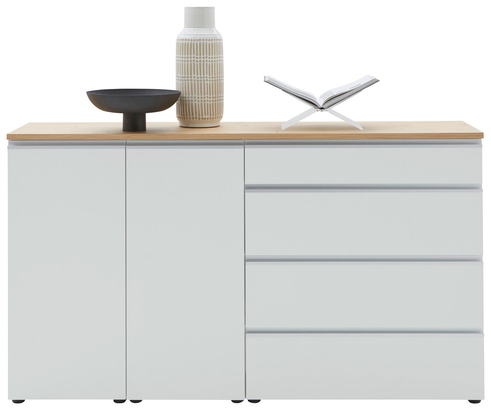 Modernes Sideboard 180 in Weiß mit Holzplatte, dekoriert mit einer Vase, einer Schale und einem offenen Buch, Frontalansicht.