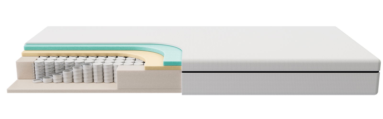 Querschnitt einer Tonnentaschenfederkernmatratze mit verschiedenen Schichten, seitliche Perspektive.