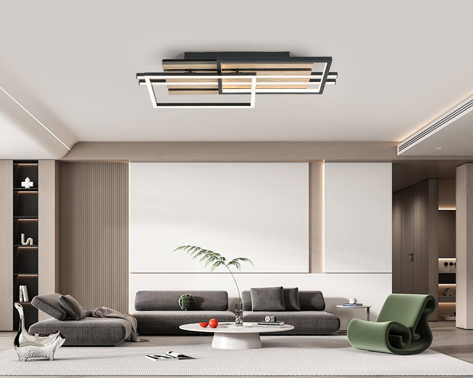 Moderne LED-Deckenleuchte in geometrischem Design, von unten betrachtet in einem stilvollen Wohnzimmer.