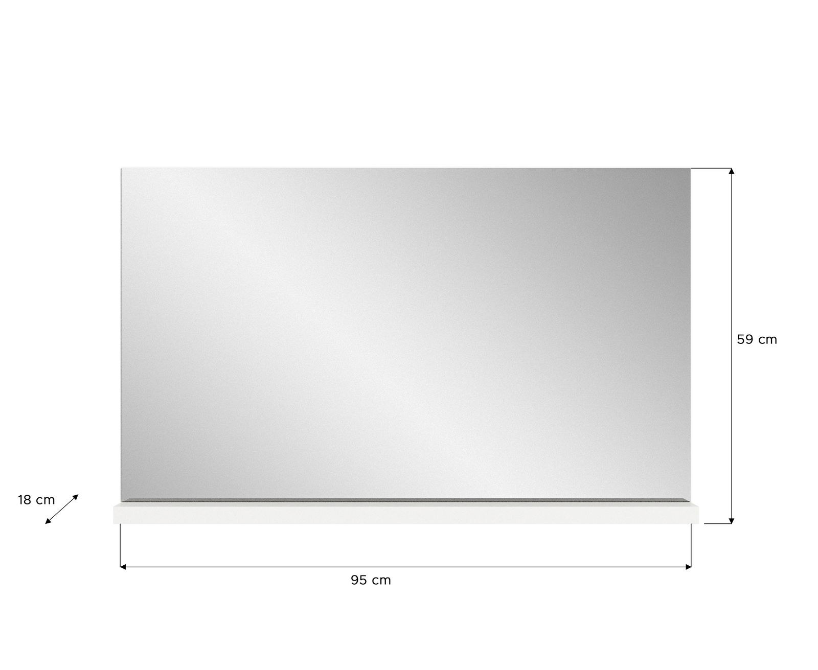 Rechteckiger Wandspiegel mit weißem Regalboden, Maße 95 cm x 59 cm, Frontalansicht