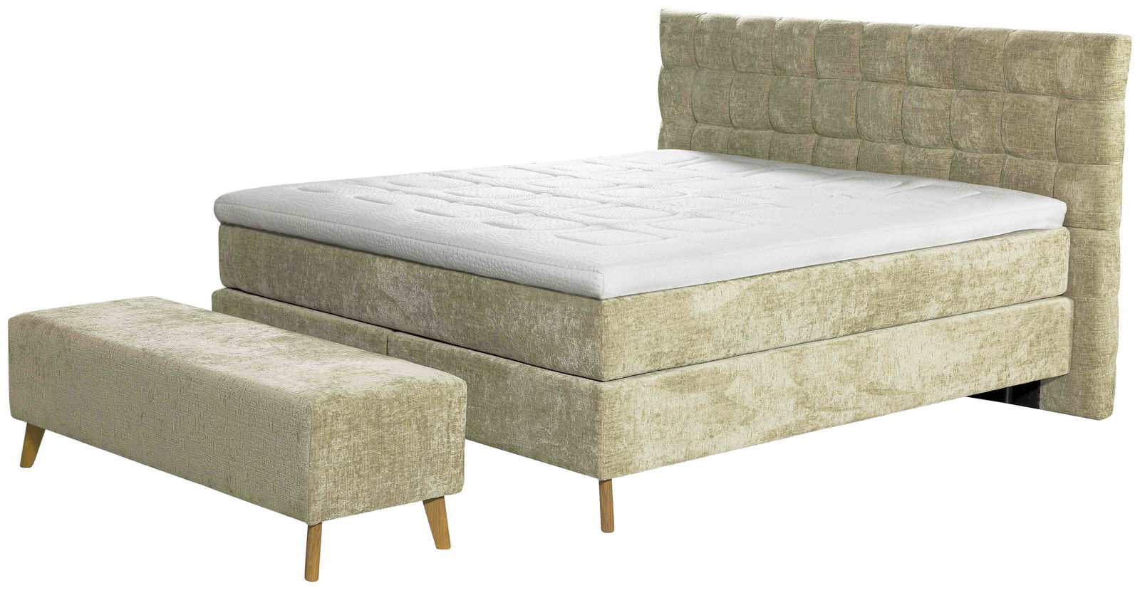 Bettbank in hellgrünem Stoff mit Holzbeinen, seitliche Perspektive neben einem passenden Bett