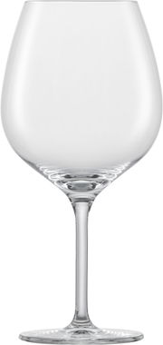 Ein elegantes Rotweinglas aus klarem Glas, frontal abgebildet, mit einem langen Stiel und einer breiten, bauchigen Form.