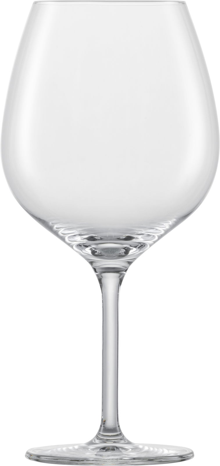Ein elegantes Rotweinglas aus klarem Glas, frontal abgebildet, mit einem langen Stiel und einer breiten, bauchigen Form.