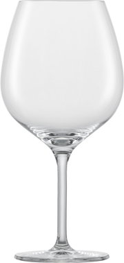 Ein elegantes Rotweinglas aus klarem Glas, frontal abgebildet, mit einem langen Stiel und einer breiten, bauchigen Form.