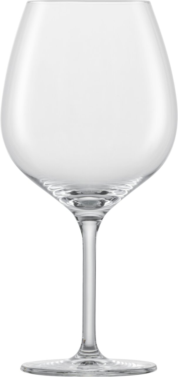 Een elegant rodewijnglas van helder glas, afgebeeld van voren, met een lange steel en een brede, bolle vorm.