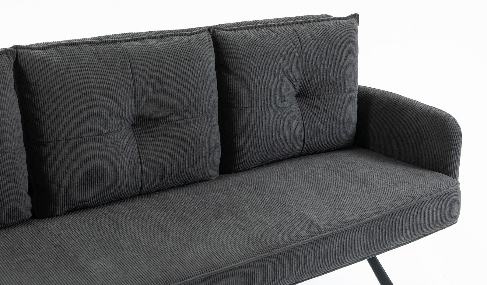 Dreier-Sitzer-Bank in dunklem Stoff mit geripptem Muster, seitliche Perspektive