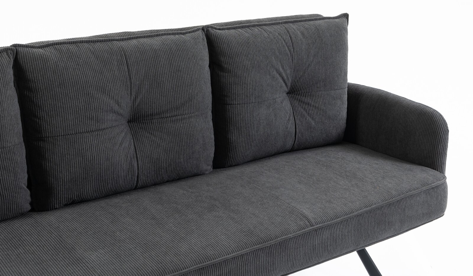 Dreier-Sitzer-Bank in dunklem Stoff mit geripptem Muster, seitliche Perspektive