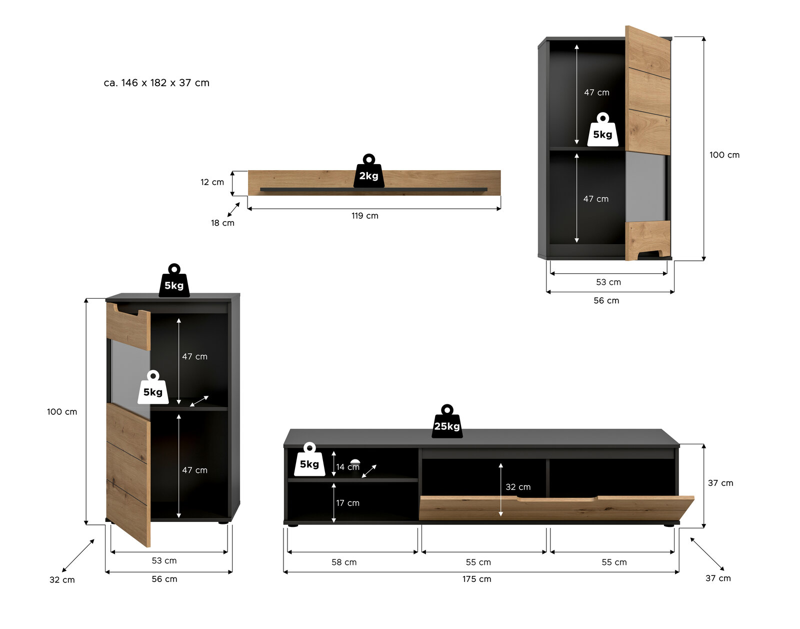 Maßskizze eines Wohnzimmersets in Anthrazit und Eicheoptik mit TV-Lowboard, Hängeregal und Vitrine inklusive Abmessungen und Belastungsangaben, dargestellt in Front- und Seitenansicht.