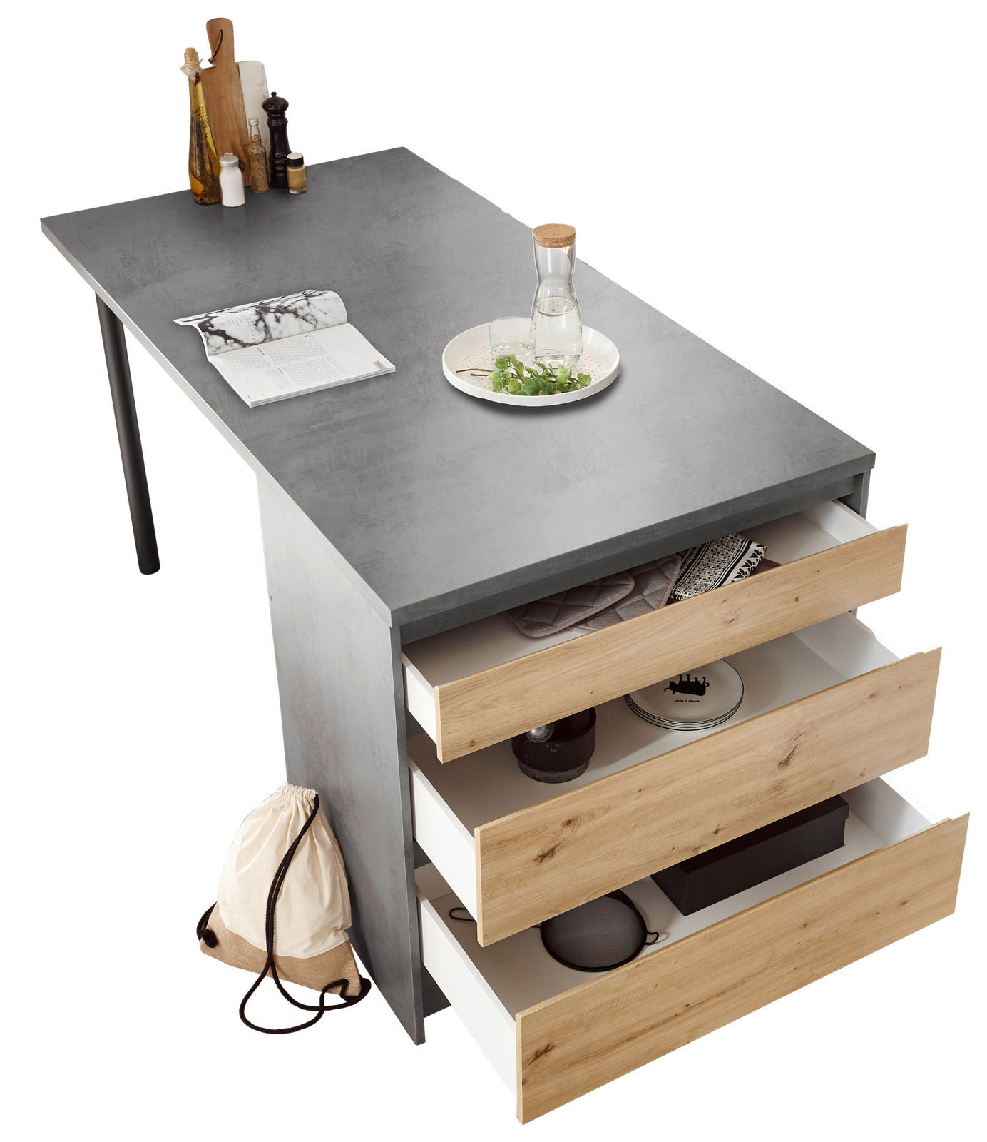 Kücheninsel mit grauer Arbeitsplatte, drei offenen Holzschubladen und Dekorationen aus der Vogelperspektive