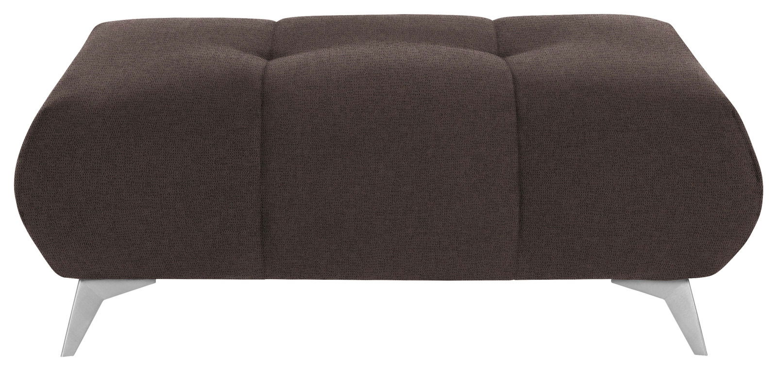 Braune Hockerbank mit gepolsterter Oberfläche und silbernen Beinen, Frontalansicht