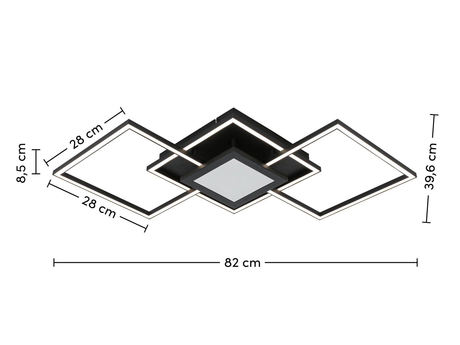 Moderne LED-Deckenleuchte mit geometrischem Design, bestehend aus drei quadratischen Rahmen, seitliche Perspektive.