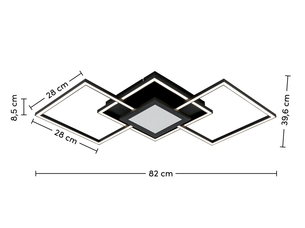Moderne led-plafondlamp met een geometrisch ontwerp, bestaande uit drie vierkante frames, gezien vanaf de zijkant.