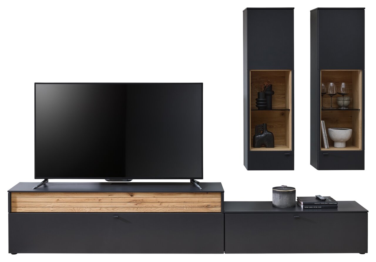 Moderne Wandkombination Venjakob LUMEA in dunklem Holz und Schwarz, bestehend aus einem TV-Board mit integriertem Regal und zwei hohen Vitrinen. Frontalansicht.