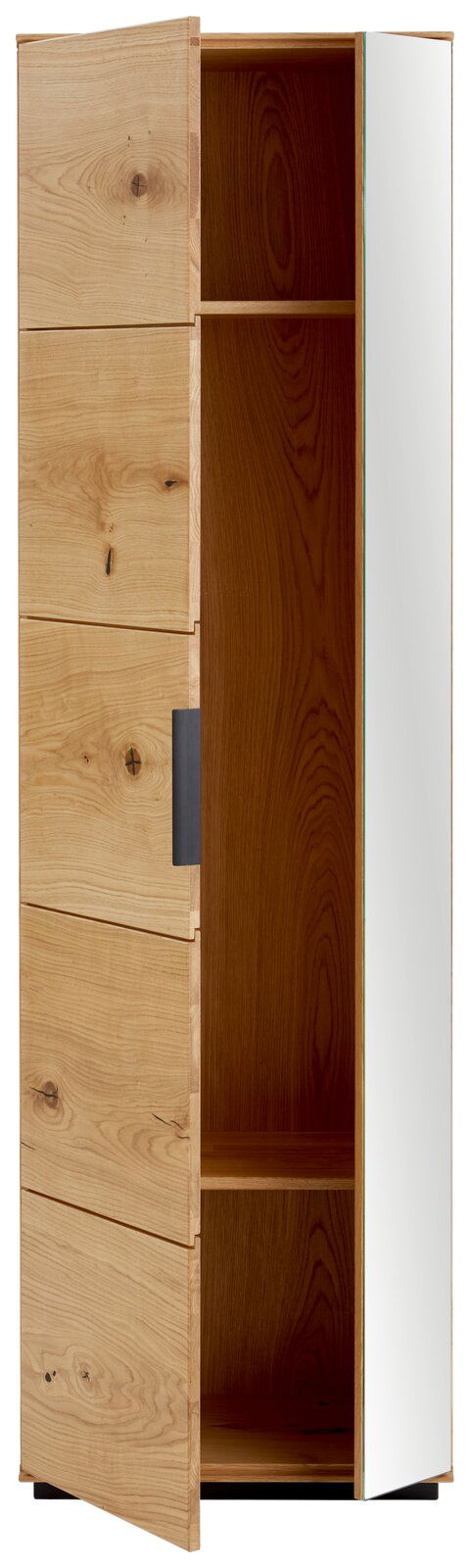 Linea Natura Garderobenschrank SIGNUM Geöffneter Garderobenschrank aus Holz mit Spiegel an der rechten Tür, Innenansicht mit zwei Fächern, Perspektive von vorne.