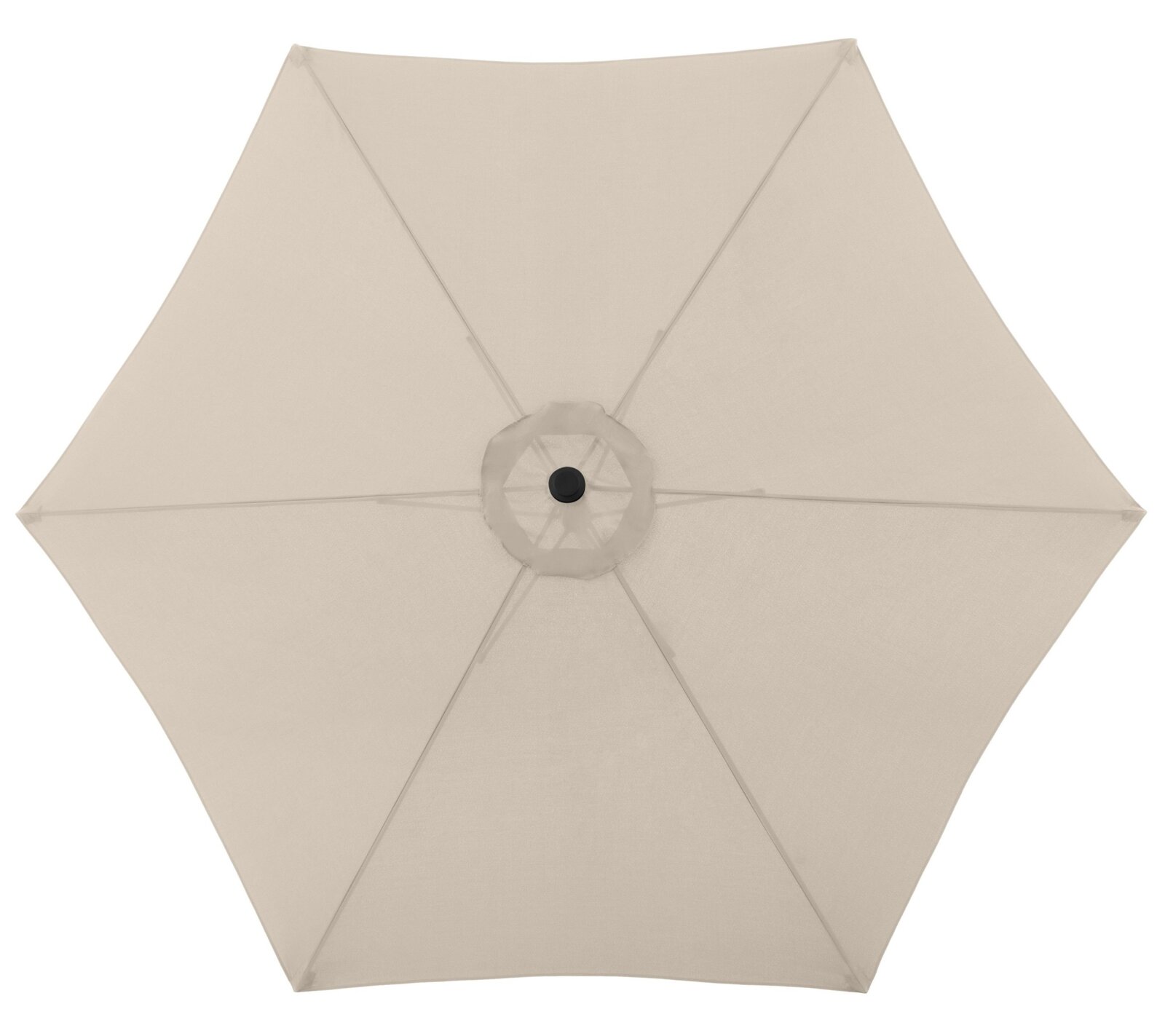 Beige parasol met acht segmenten, bovenaanzicht van onderaf op de onderkant van de parasol met zichtbare stangen en centrale naaf tegen een witte achtergrond