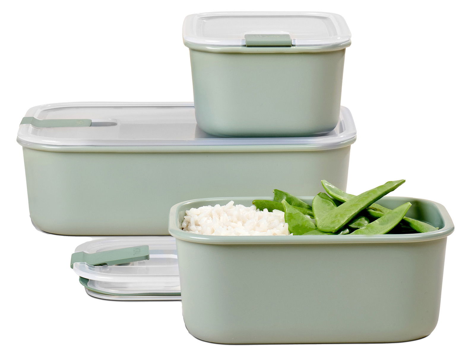 Dreiteiliges Set von Mepal Frischhaltedosen EASYCLIP in mintgrün, gefüllt mit Reis und grünen Bohnen, seitliche Perspektive.