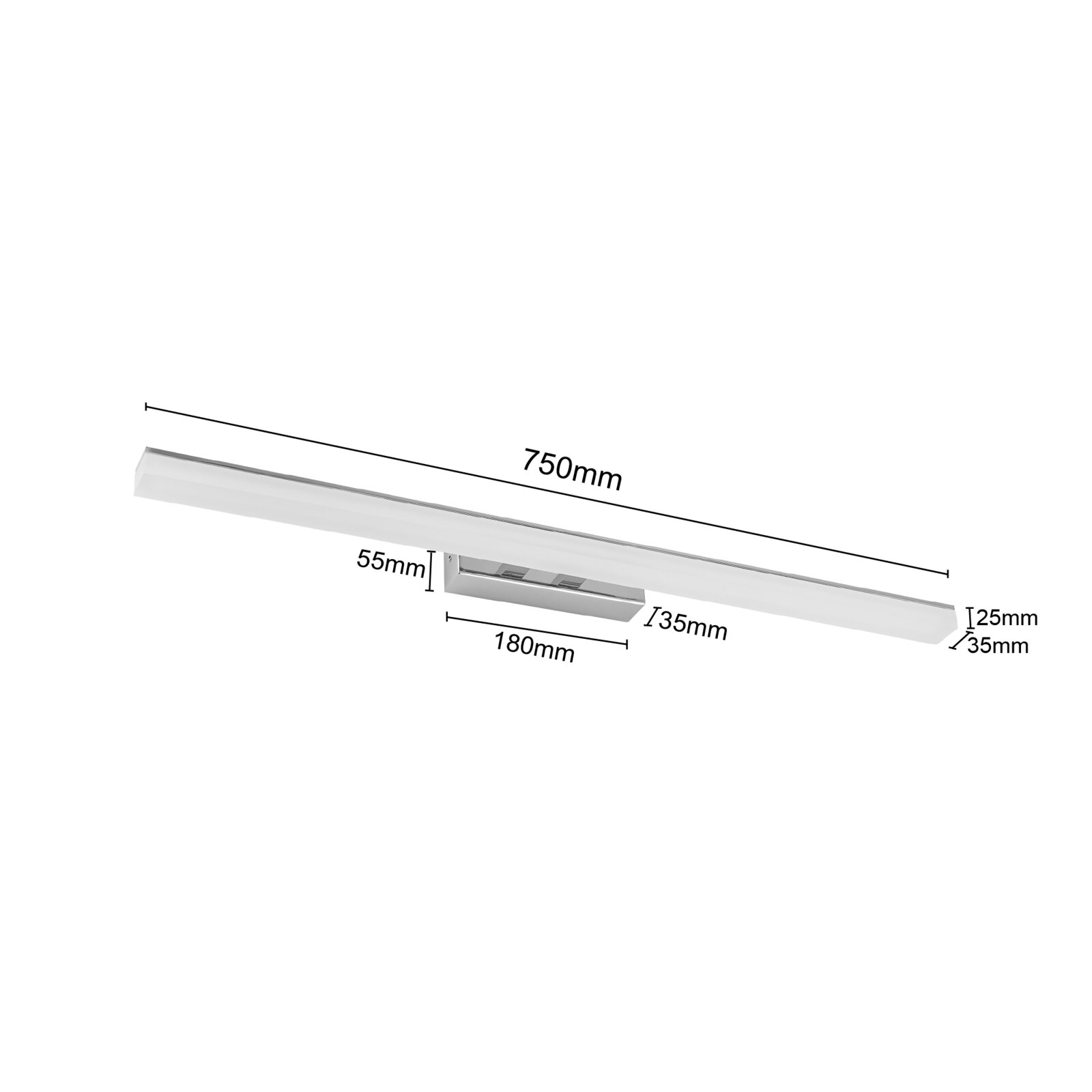 LED-Wandleuchte in seitlicher Perspektive mit den Maßen 750mm x 55mm x 25mm