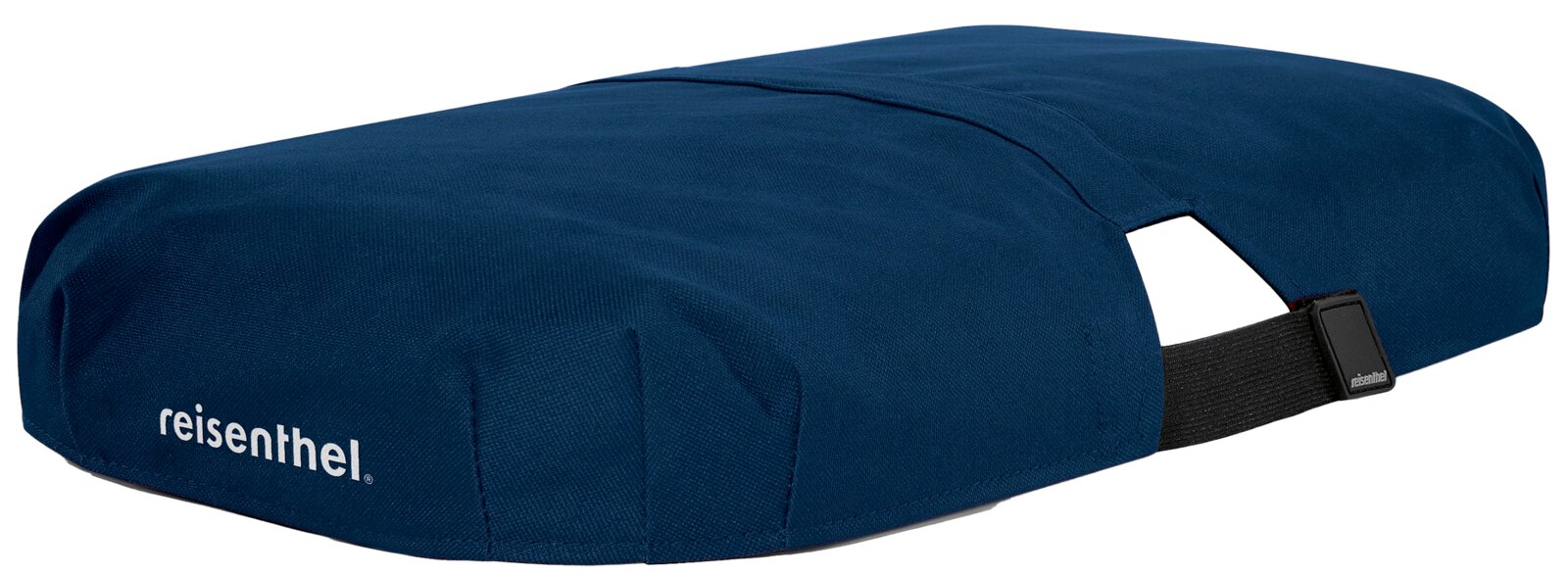 Reisenthel Carrybag-hoes donkerblauw Donkerblauwe hoes voor een draagmand, zijaanzicht, met een elastische band en het logo 'reisenthel'.