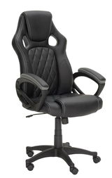 Schwarzer Gaming Stuhl mit ergonomischem Design, gepolsterter Rückenlehne und Armlehnen, seitliche Perspektive