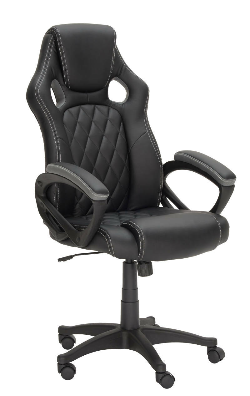 Schwarzer Gaming Stuhl mit ergonomischem Design, gepolsterter Rückenlehne und Armlehnen, seitliche Perspektive