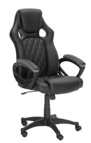 Schwarzer Gaming Stuhl mit ergonomischem Design, gepolsterter Rückenlehne und Armlehnen, seitliche Perspektive