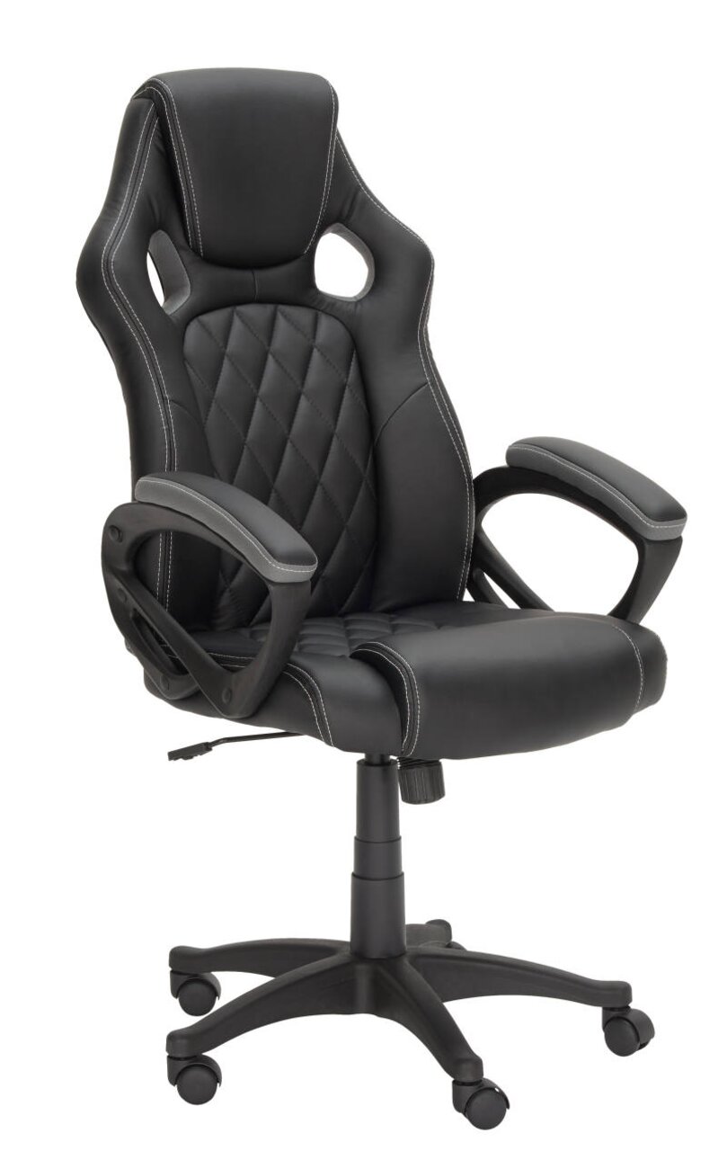 Schwarzer Gaming Stuhl mit ergonomischem Design, gepolsterter Rückenlehne und Armlehnen, seitliche Perspektive