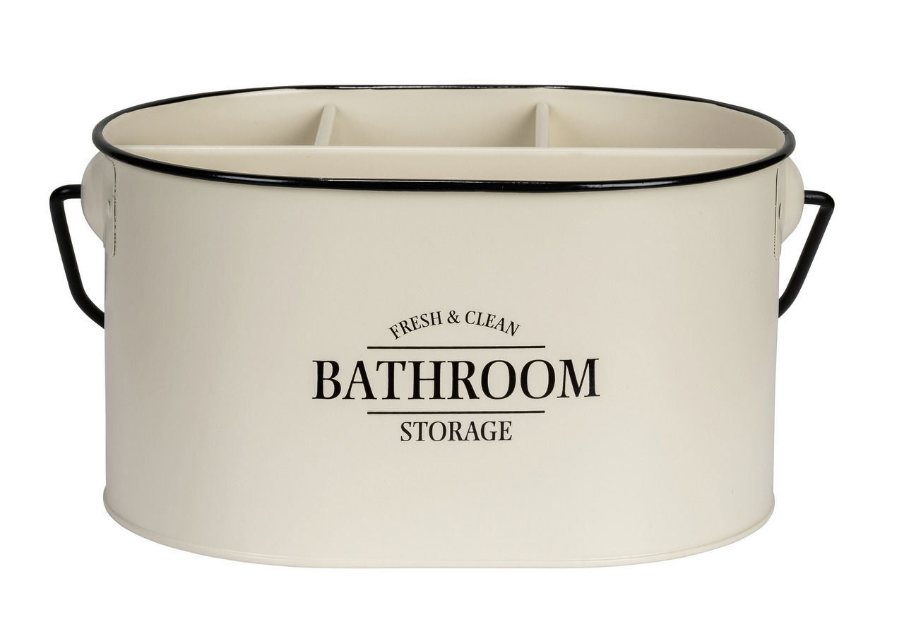 Ovale Badbox mit Griffen, cremefarben, mit der Aufschrift 'Fresh & Clean Bathroom Storage', Vorderansicht.