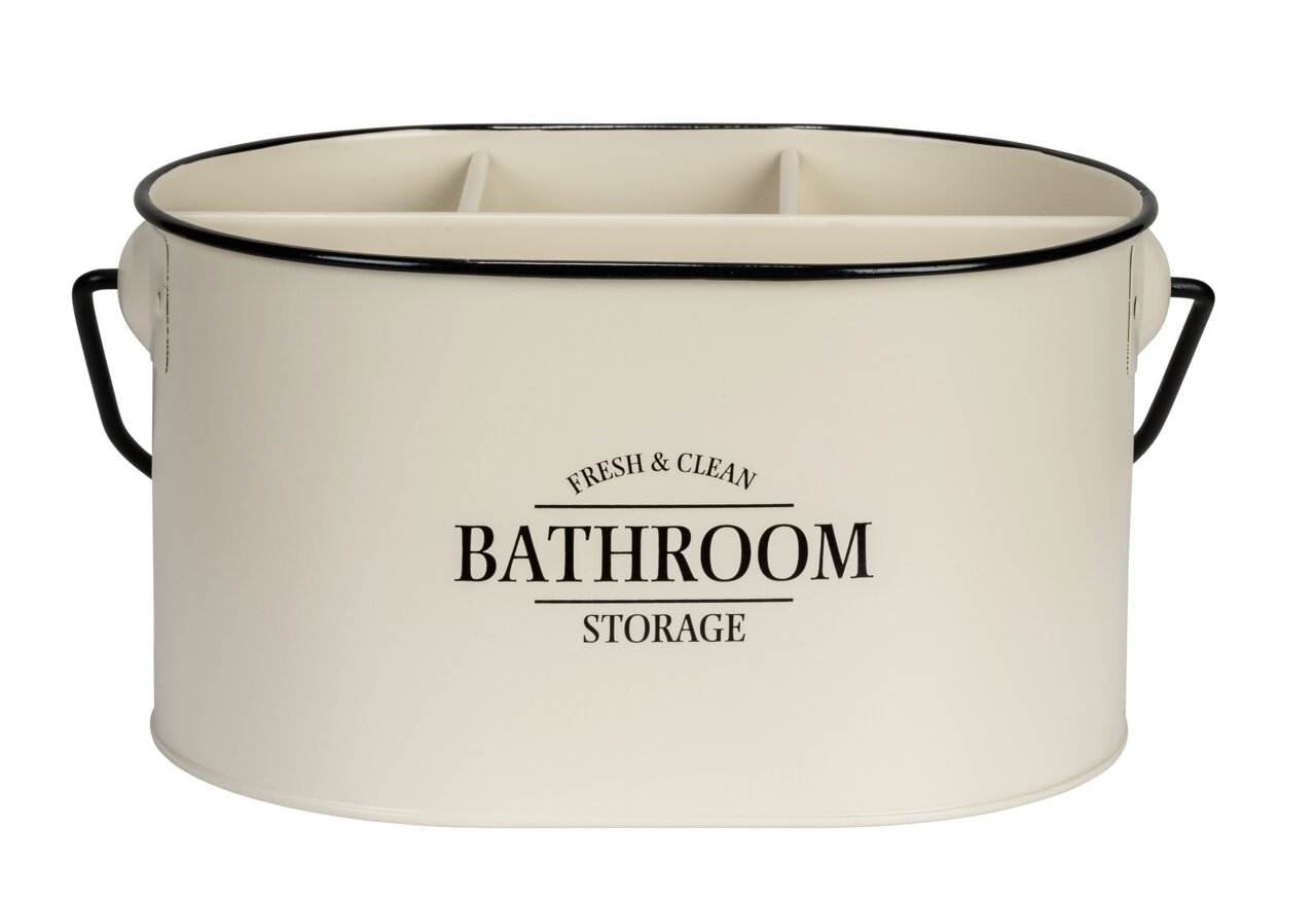 Ovale Badbox mit Griffen, cremefarben, mit der Aufschrift 'Fresh & Clean Bathroom Storage', Vorderansicht.