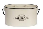 Ovale Badbox mit Griffen, cremefarben, mit der Aufschrift 'Fresh & Clean Bathroom Storage', Vorderansicht.