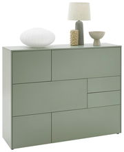 Grünes Highboard mit geometrischem Design, dekoriert mit einer weißen Vase, einer Lampe und einer Schale, seitliche Perspektive