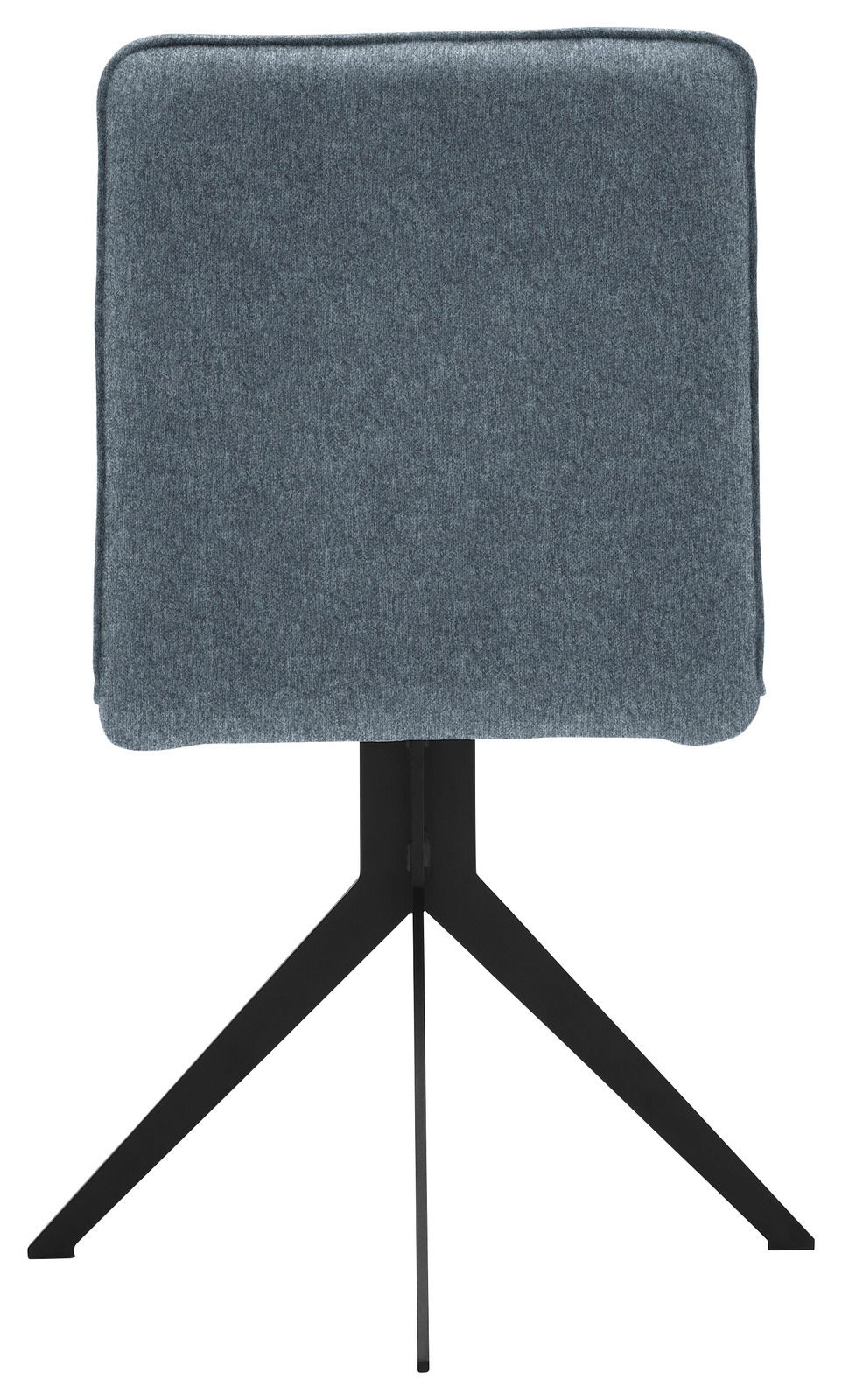 Rückansicht eines modernen Stuhls mit grauem Stoffbezug und schwarzem Metallgestell.