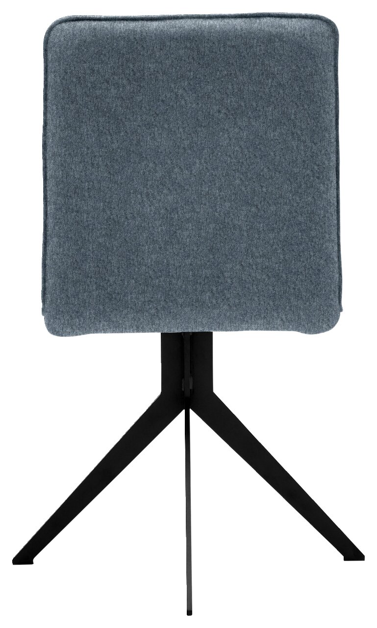 Rückansicht eines modernen Stuhls mit grauem Stoffbezug und schwarzem Metallgestell.