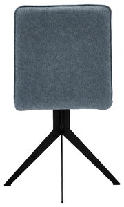 Rückansicht eines modernen Stuhls mit grauem Stoffbezug und schwarzem Metallgestell.