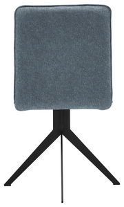 Rückansicht eines modernen Stuhls mit grauem Stoffbezug und schwarzem Metallgestell.