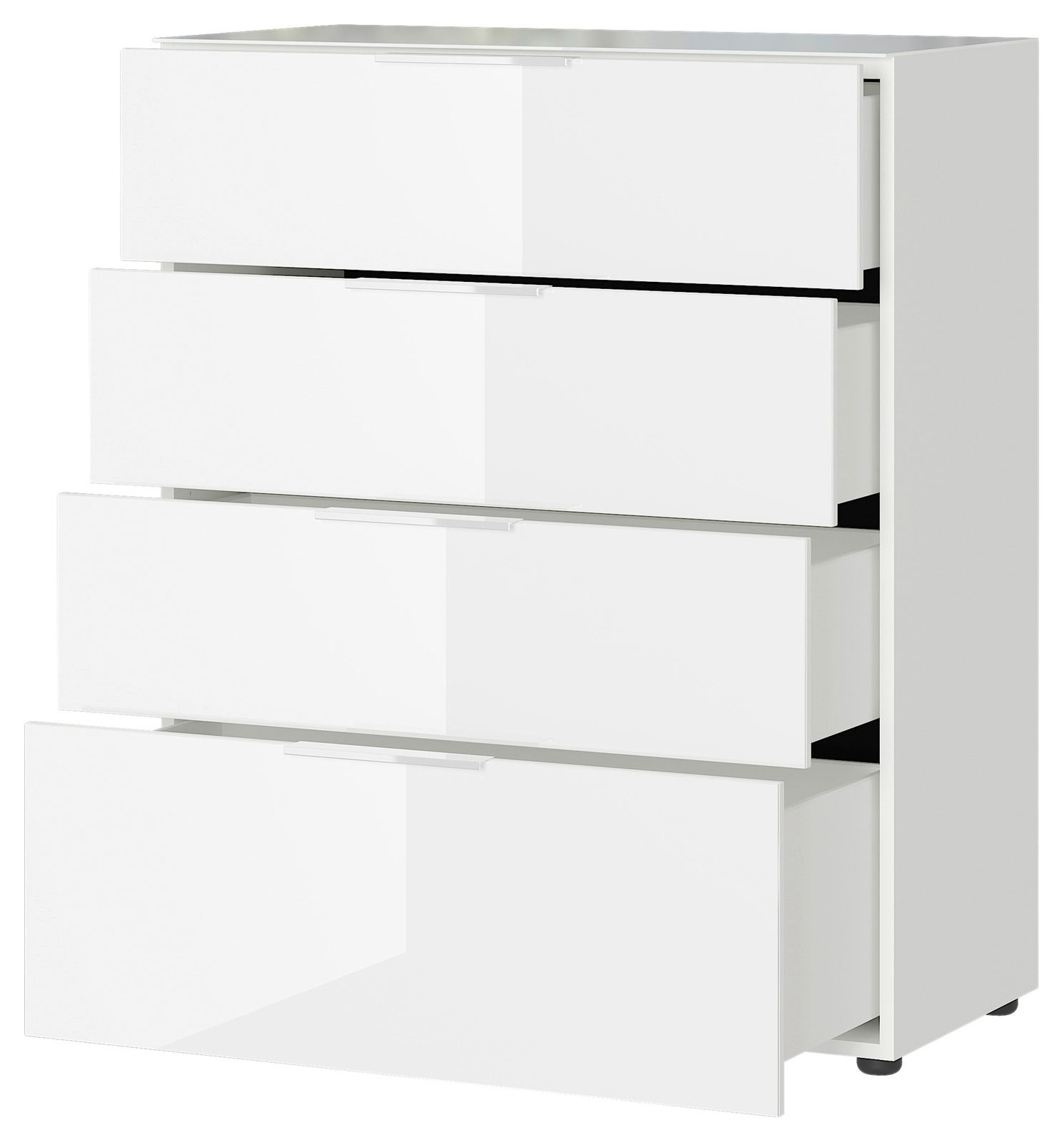 Weiße Schubkastenkommode mit vier geöffneten Schubladen, seitliche Perspektive