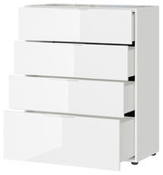 Weiße Schubkastenkommode mit vier geöffneten Schubladen, seitliche Perspektive