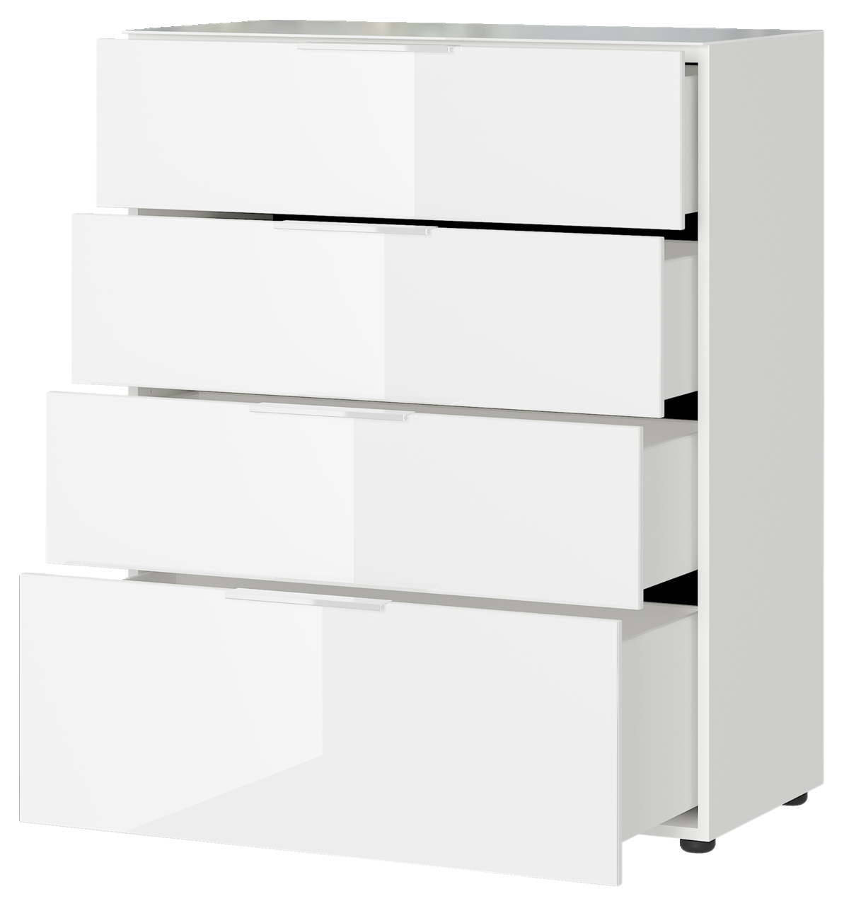 Weiße Schubkastenkommode mit vier geöffneten Schubladen, seitliche Perspektive