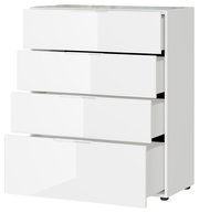 Weiße Schubkastenkommode mit vier geöffneten Schubladen, seitliche Perspektive