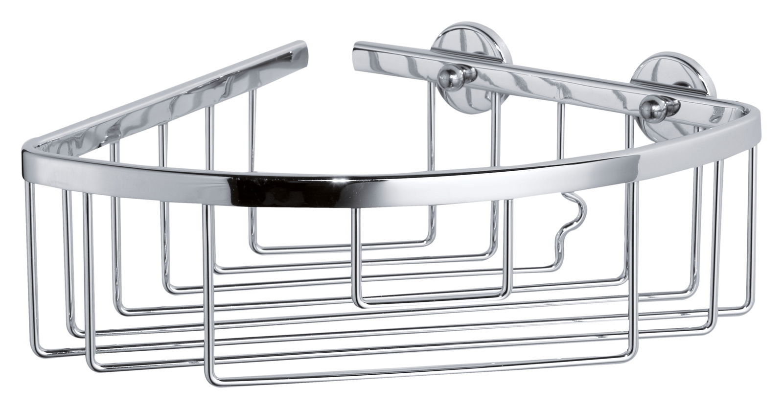 Eckduschkorb aus glänzendem Metall mit zwei runden Wandhalterungen, seitliche Perspektive