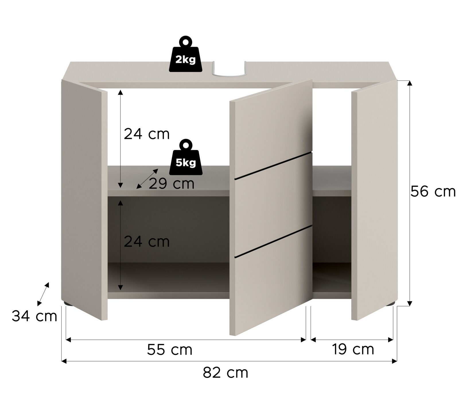 Offener, moderner Badezimmer-Waschtischunterschrank in Beige/Grau mit zwei Türen und Innenablage, Maße ca. 82 x 56 x 34 cm, Frontansicht leicht schräg von vorn.
