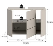 Offener, moderner Badezimmer-Waschtischunterschrank in Beige/Grau mit zwei Türen und Innenablage, Maße ca. 82 x 56 x 34 cm, Frontansicht leicht schräg von vorn.