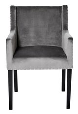 Grauer Samtstuhl mit Armlehnen und schwarzen Beinen, Vorderansicht